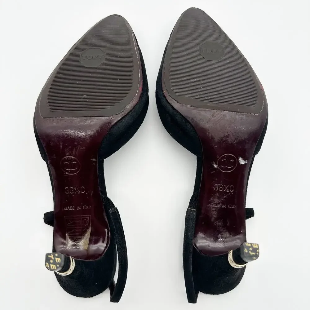 Chanel Slingback Heels 36.5 Black Suede Gold Cap Toe Vintage CC Logo Block Heel - Picture 7 of 9